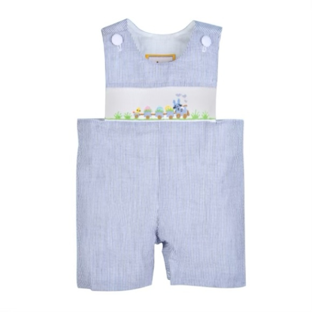 NWT Boy Shortall Easter Train Smock with Blue Bunny 6m-3T
